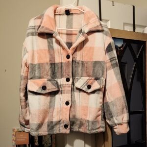 SHEIN Pink and Gray Plaid Teddy Jacket